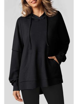 Errabelly - Black Waffle Knit Fleece Lined High Low Oversized Hoodie