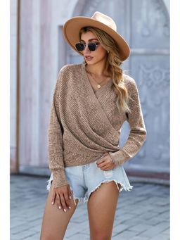Errabelly - Beige Wrap V Neck Waffle Sweater