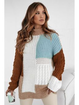 Errabelly - Mix Textured Knit Colorblock Patchwork Sweater