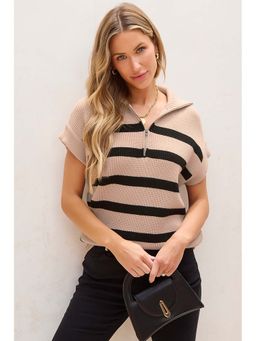 Errabelly - Beige Stripe Zipped Collar Short Sleeve Sweater