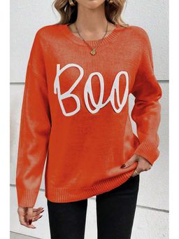 Errabelly - Orange Boo Knitted Pattern Ribbed Edge Drop Shoulder Sweater