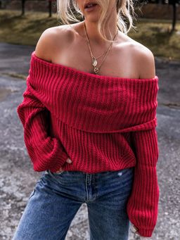 Errabelly - Racing Red Off-The-Shoulder Knit Sweater