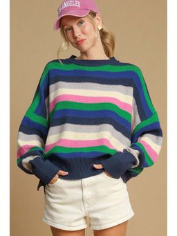 Errabelly - Bright Green Rainbow Striped Crew Neck Drop Shoulder Sweater