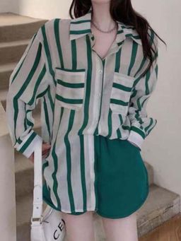 MISS MOSA BY AKANKSHA - Green Ibiza Striped Holiday Shirt