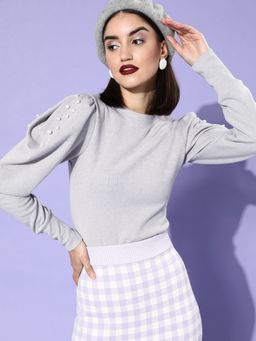 KASSUALLY - Grey Solid Knitted Top