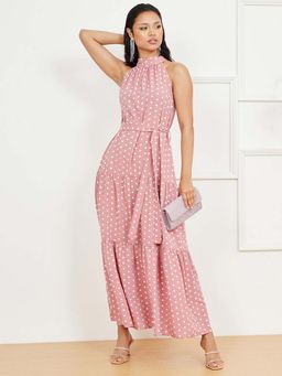 Styli - Pink Halter Neck Sleeveless Polka Dot Tiered Maxi Dress