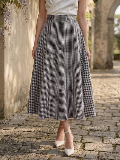 Black Gingham Cotton Skirt