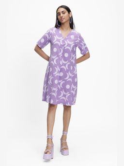 TERRA LUNA - Grace Lavender Hand Block Printed Knee Length A Line Dress