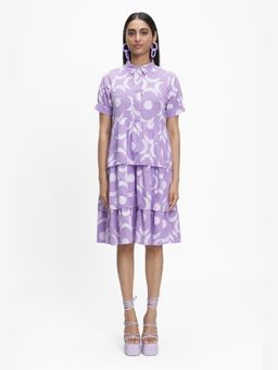 TERRA LUNA - Eden Lavender Hand Block Printed A Line Knee Length Dress