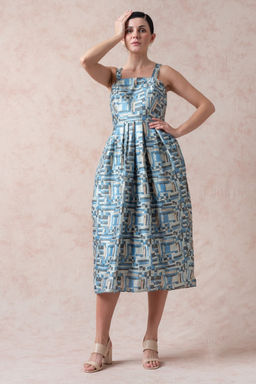 THETAA - Casal Print Pure Silk Blue Midi Dress With Shrug
