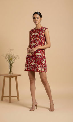 THETAA - Liora - Hand-Embroidered Chanderi Cotton Red Knee Length Dress
