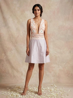 THETAA - Solene - Hand-Embroidered Chanderi Cotton Pink Knee Length Dress