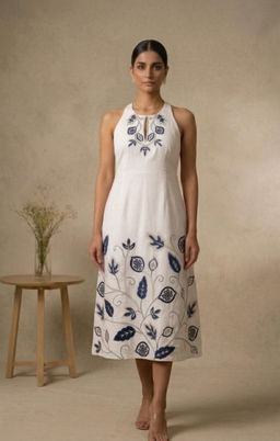 THETAA - Embroidered Beige Knee Length Dress
