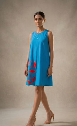 THETAA - Amara - Hand-Embroidered Cotton Poplin Blue Knee Length Dress