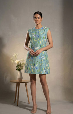 THETAA - Elowen - Embroidered Chanderi Cotton Green Knee Length Dress