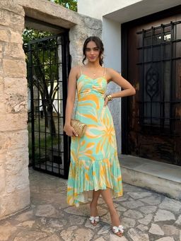 Poppi - Junia Printed Asymmetrical A Line Dress Multi-Color