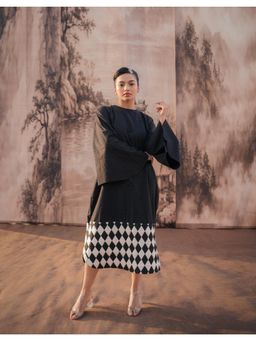 October - Women Charcoal Black Embroidered And Printed Cotton Dress