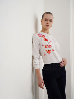 FABLE STREET - Floral Mandarin Collar Shirt - Off White