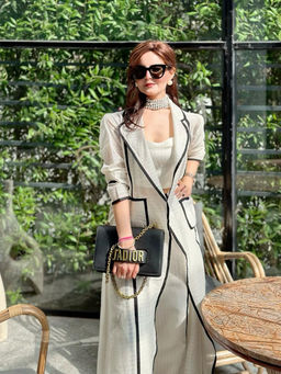 Sainy Garg Couture - Contrast Couture Ivory Bustier with Pant and Trenchcoat