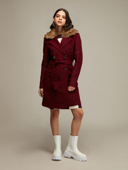Twenty Dresses by Nykaa Fashion - Maroon Fur Hood Knee Length Overcoat