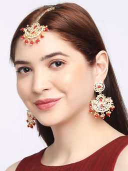 OOMPH - Red Stones & Kundan Maangtikka Set with Matching Chandbali Earrings