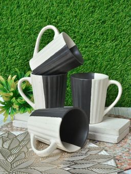 FABINALIV - Pack of 4 Black Striped Handcrafted Ceramics Matte Mugs