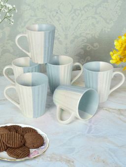 FABINALIV - Pack of 6 Turquoise Striped Handcrafted Ceramics Matte Mugs