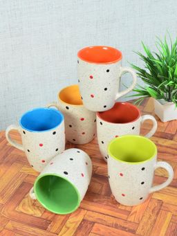 FABINALIV - Pack of 6 White Polka Dots Handcrafted Ceramics Matte Mugs