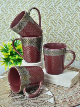 FABINALIV - Pack of 4 Maroon Geometric Handcrafted Ceramics Glossy Mugs
