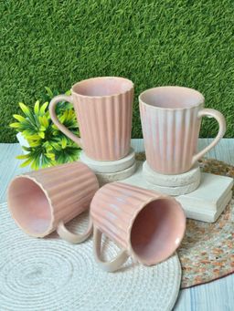 FABINALIV - Pack of 4 Pink Striped Handcrafted Ceramics Glossy Mugs