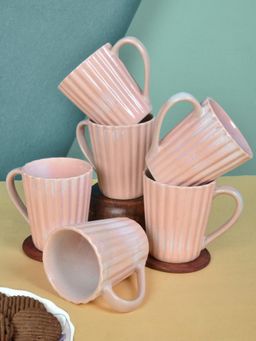 FABINALIV - Pack of 6 Pink Striped Handcrafted Ceramics Glossy Mugs