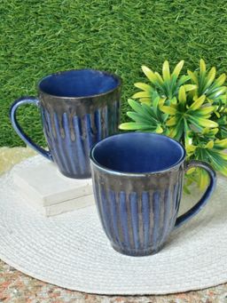 FABINALIV - Pack of 2 Blue Striped Handcrafted Ceramics Glossy Mugs