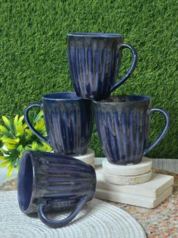 FABINALIV - Pack of 4 Blue Striped Handcrafted Ceramics Glossy Mugs
