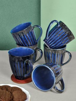 FABINALIV - Pack of 6 Blue Striped Handcrafted Ceramics Glossy Mugs