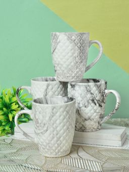 FABINALIV - Pack of 4 White Abstract Handcrafted Ceramics Glossy Mugs