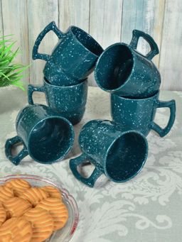 FABINALIV - Pack of 6 Teal Abstract Handcrafted Ceramics Glossy Mugs