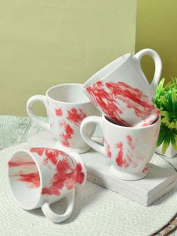 FABINALIV - Pack of 4 Red Abstract Handcrafted Ceramics Glossy Mugs