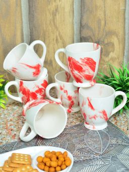 FABINALIV - Pack of 6 Red Abstract Handcrafted Ceramics Glossy Mugs
