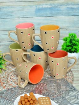 FABINALIV - Pack of 6 Beige Polka Dots Handcrafted Ceramics Glossy Mugs