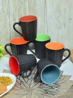 FABINALIV - Pack of 6 Black Solid Handcrafted Ceramics Matte Mugs