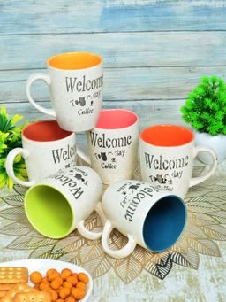 FABINALIV - Pack of 6 White Abstract Handcrafted Ceramics Matte Mugs