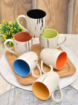 FABINALIV - Pack of 6 Off White Abstract Handcrafted Ceramics Glossy Mugs