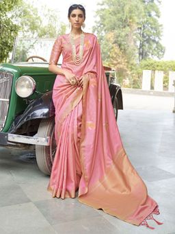 Odette - Womens Silk Blend Pink Woven Design Saree with Unstitched Blouse