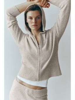 H&M - Women Beige Fine-Knit Zip-Through Hoodie