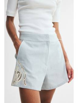 H&M - Women Blue Linen-Blend Broderie Anglaise Shorts