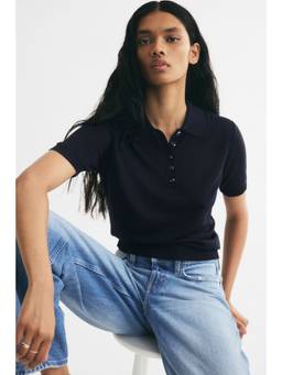 H&M - Women Navy Blue Knitted Polo T-Shirt