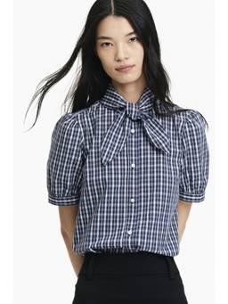 H&M - Women Navy Blue Puff-Sleeved Scarf-Collar Blouse