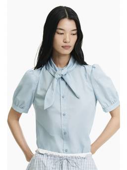 H&M - Women Blue Puff-Sleeved Scarf-Collar Blouse