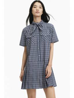 H&M - Women Navy Blue Pleated Scarf-Collar Dress