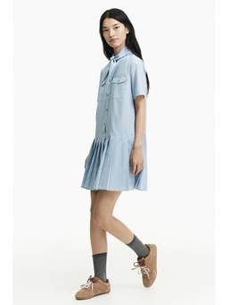 H&M - Women Blue Pleated Scarf-Collar Dress